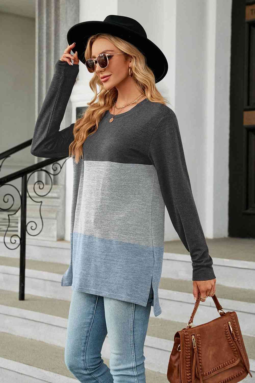 Color Block Round Neck Long Sleeve Slit T-Shirt