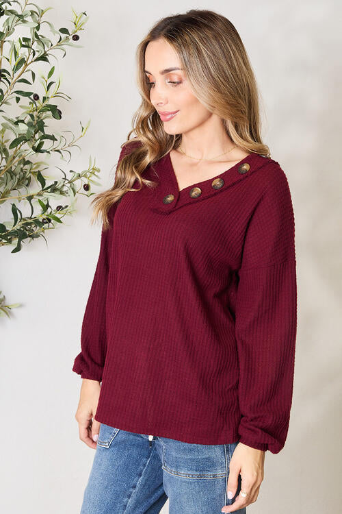 Zenana Buttoned V-Neck Long Sleeve Blouse - Create the impossible