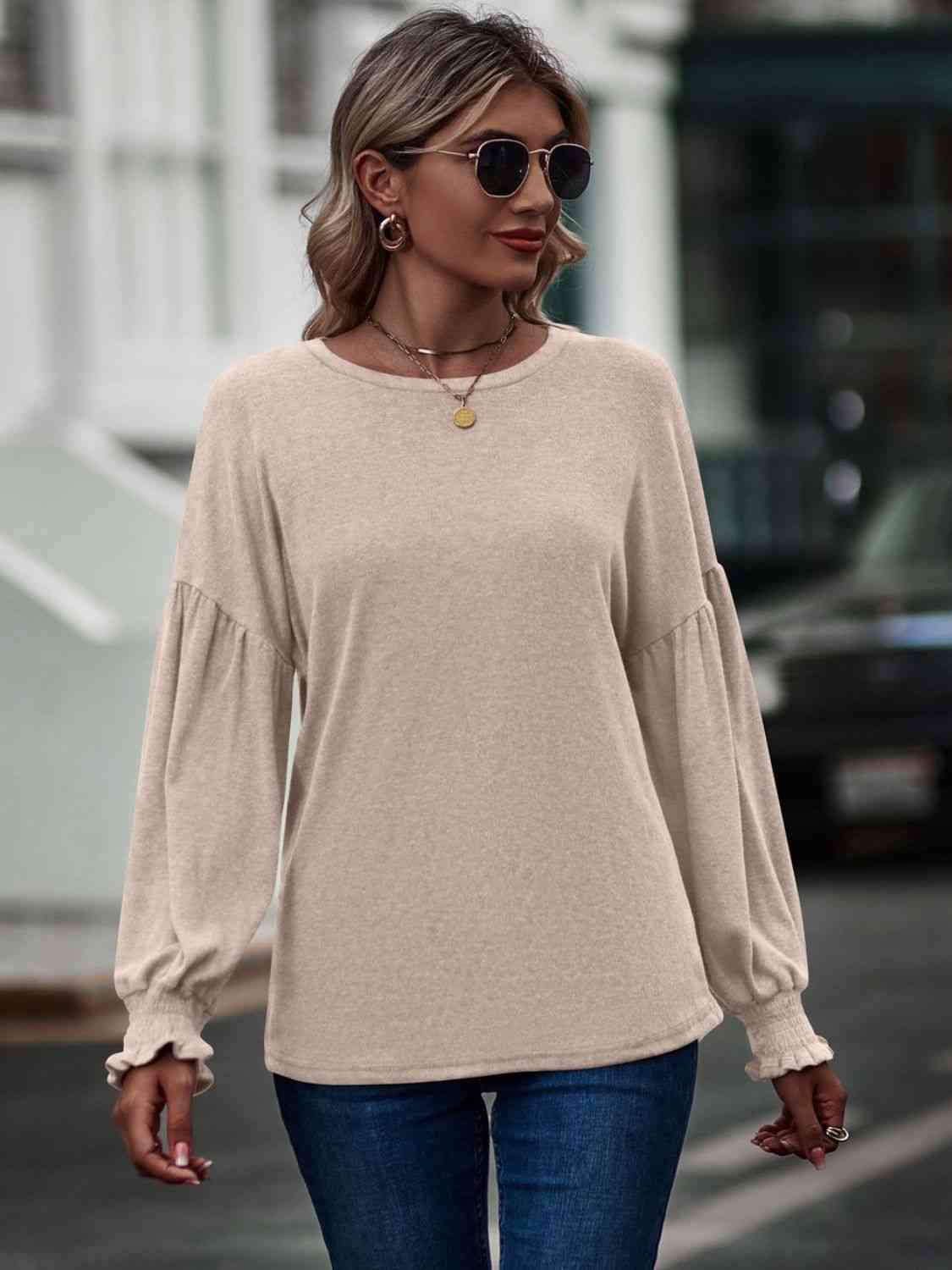 Round Neck Dropped Shoulder Flounce Sleeve T-Shirt