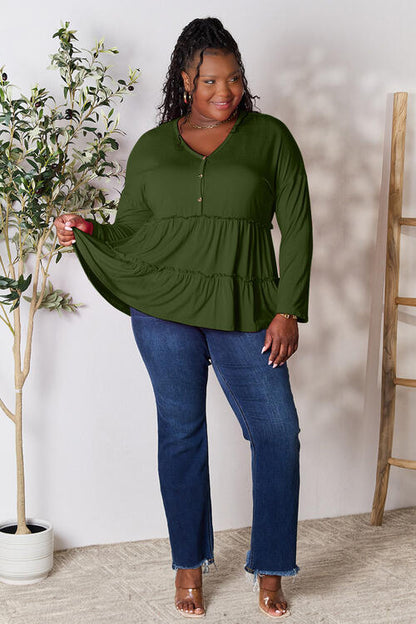 Double Take Half Button Long Sleeve Ruffle Hem Blouse - Create the impossible