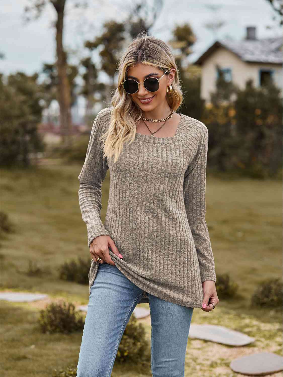 Full Size Ribbed Square Neck Long Sleeve T-Shirt