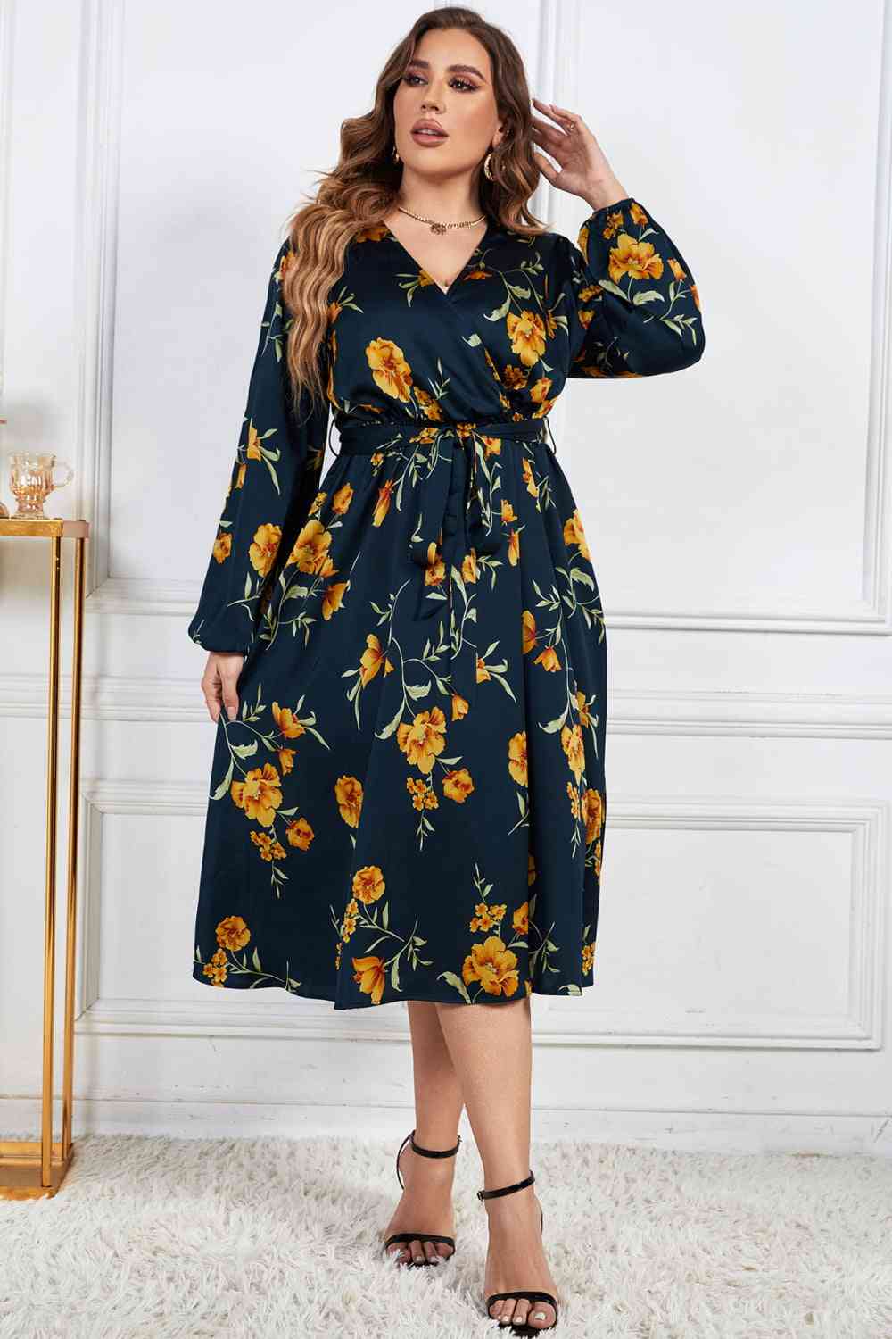 Melo Apparel Plus Size Floral Print Surplice Neck Midi Dress