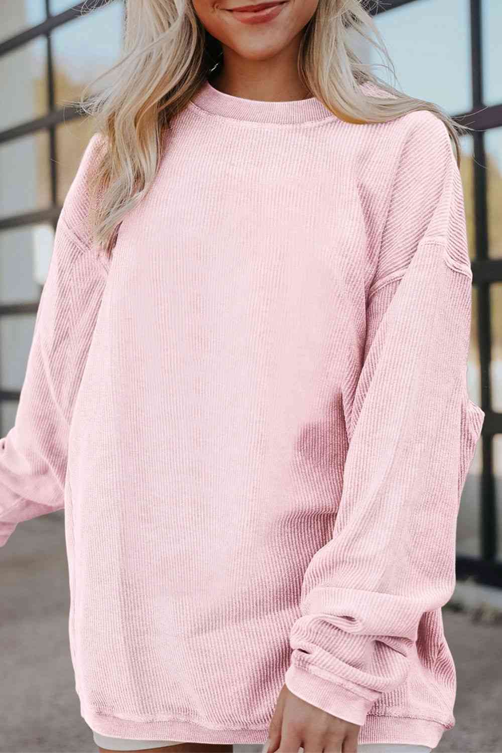 Ribbed Round Neck Drop Shoulder Sweatshirt