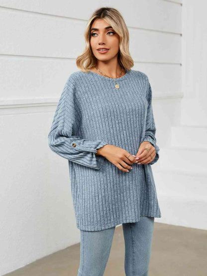 Round Neck Ribbed Long Sleeve T-Shirt