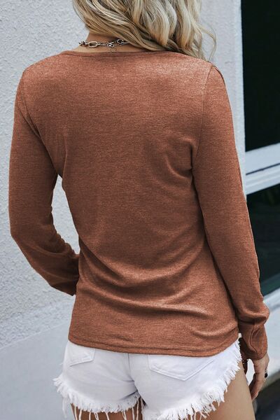 Half Snap Round Neck Long Sleeve T-Shirt