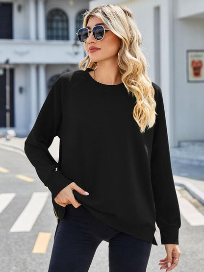 Zip Detail Round Neck Long Sleeve Sweatshirt