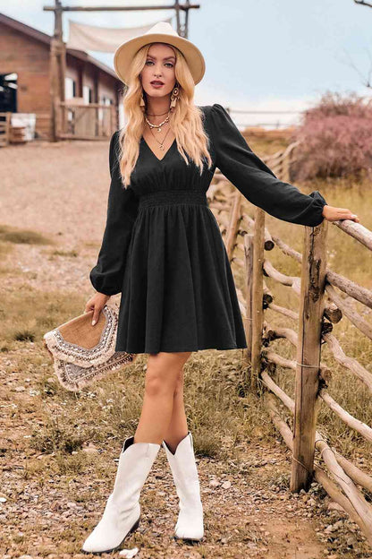 V-Neck Long Sleeve Smocked Waist Mini Dress