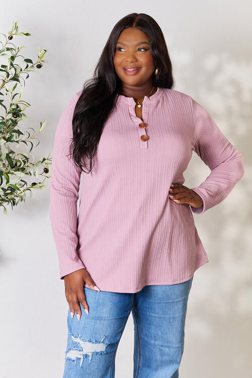 Celeste Full Size Texture Half Button Long Sleeve Blouse - Create the impossible