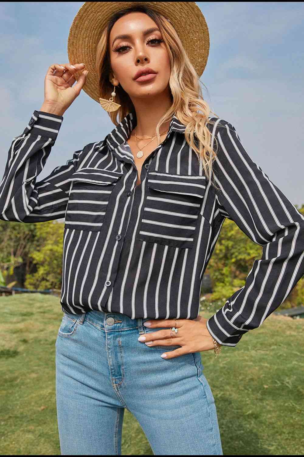 Collared Neck Striped Long Sleeve Shirt