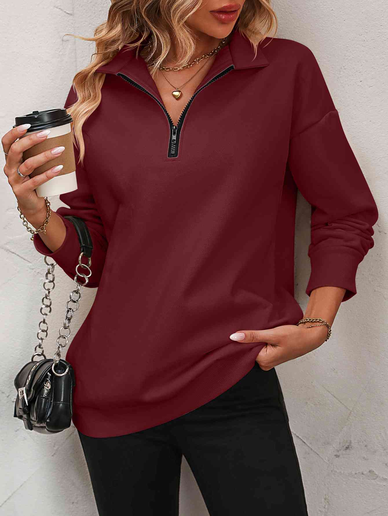 Zip-Up Dropped Shoulder Sweatshirt - Create the impossible