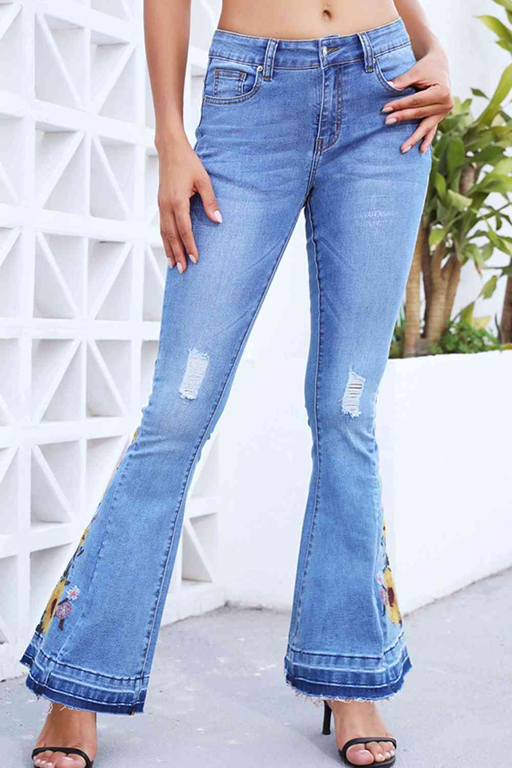 Full Size Flower Embroidery Distressed Wide Leg Jeans