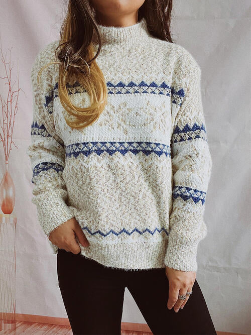 Geometric Mock Neck Dropped Shoulder Sweater