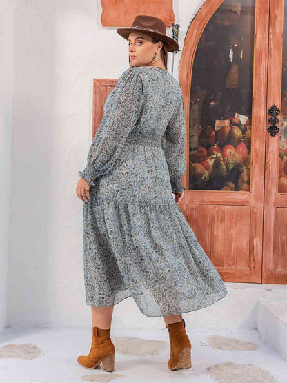 Plus Size V-Neck Long Sleeve Midi Dress