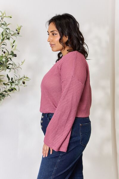 Culture Code Full Size Waffle-Knit Round Neck Long Sleeve Blouse - Create the impossible