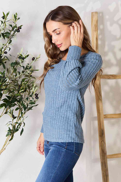 Double Take Ribbed Round Neck Lantern Sleeve Blouse - Create the impossible