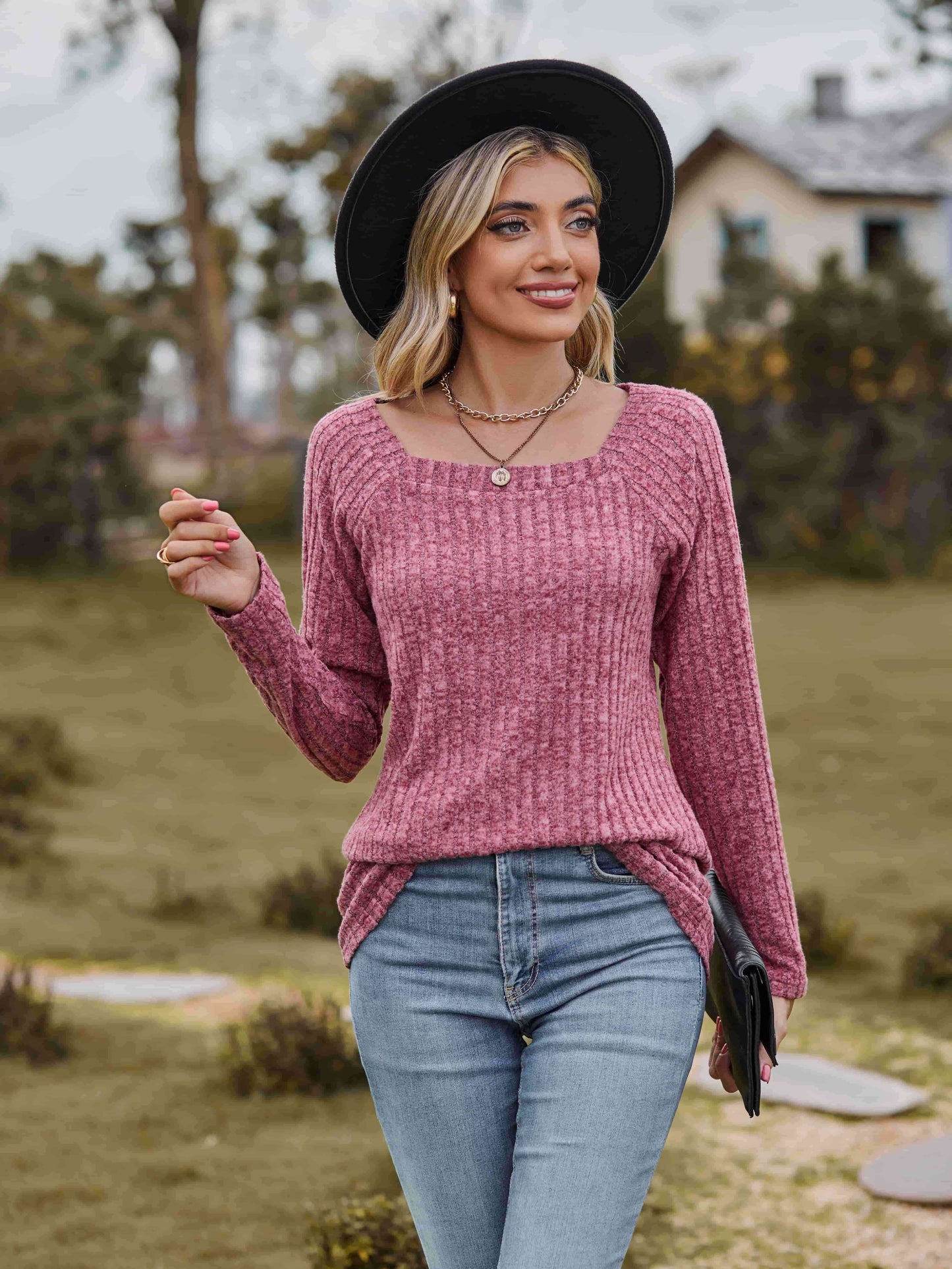 Ribbed Square Neck Long Sleeve Tee