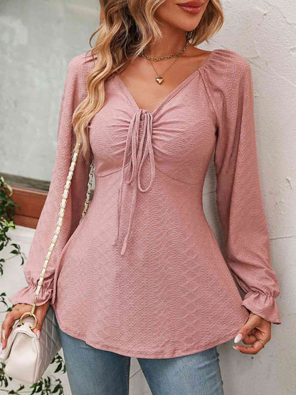 Tie Front V-Neck Puff Sleeve Blouse - Create the impossible