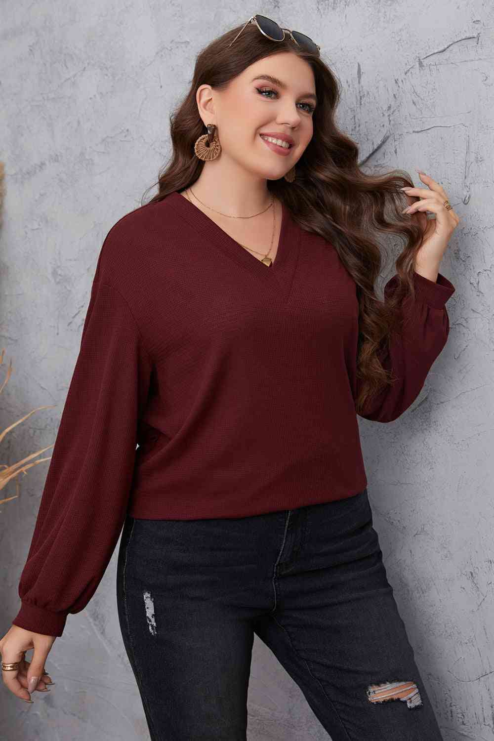 Melo Apparel Plus Size V-Neck Dropped Shoulder Blouse - Create the impossible