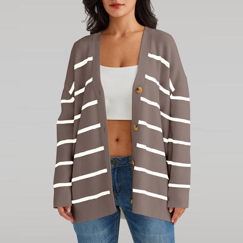 Striped V-Neck Long Sleeve Cardigan