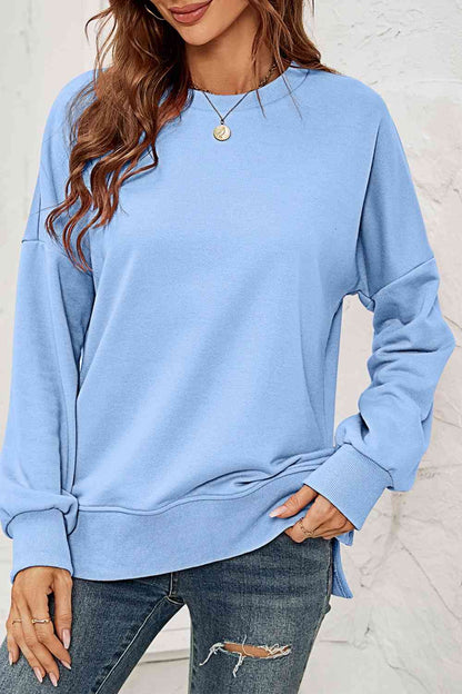 Round Neck  Dropped Shoulder Slit Sweatshirt