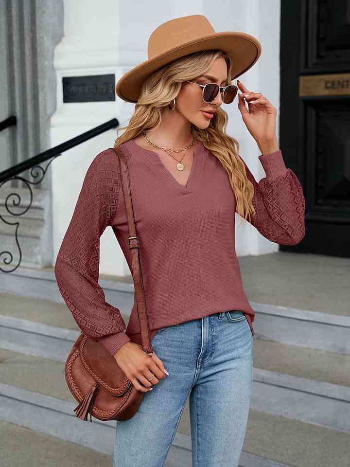 Notched Neck Raglan Sleeve Blouse - Create the impossible