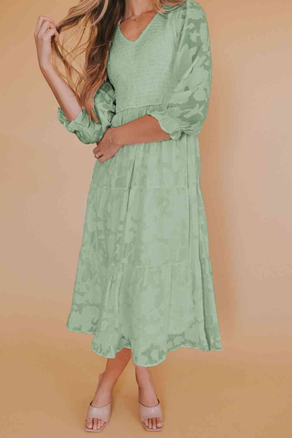 Smocked V-Neck Flounce Sleeve Dress