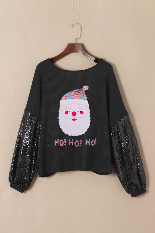 Waffle-Knit Santa Graphic Sequin Long Sleeve Blouse - Create the impossible