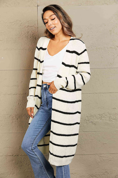 Woven Right Striped Open Front Rib-Knit Duster Cardigan