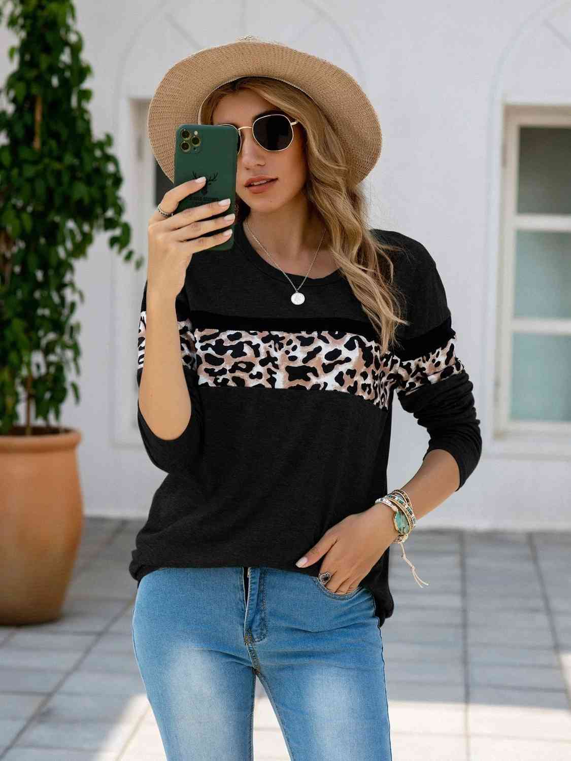 Leopard Round Neck Long Sleeve T-Shirt