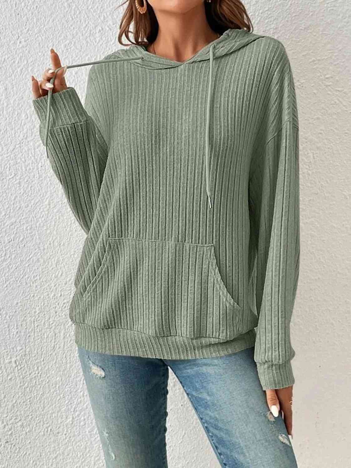 Ribbed Dropped Shoulder Drawstring Hoodie - Create the impossible