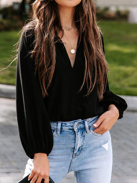 Notched Neck Long Sleeve Blouse - Create the impossible