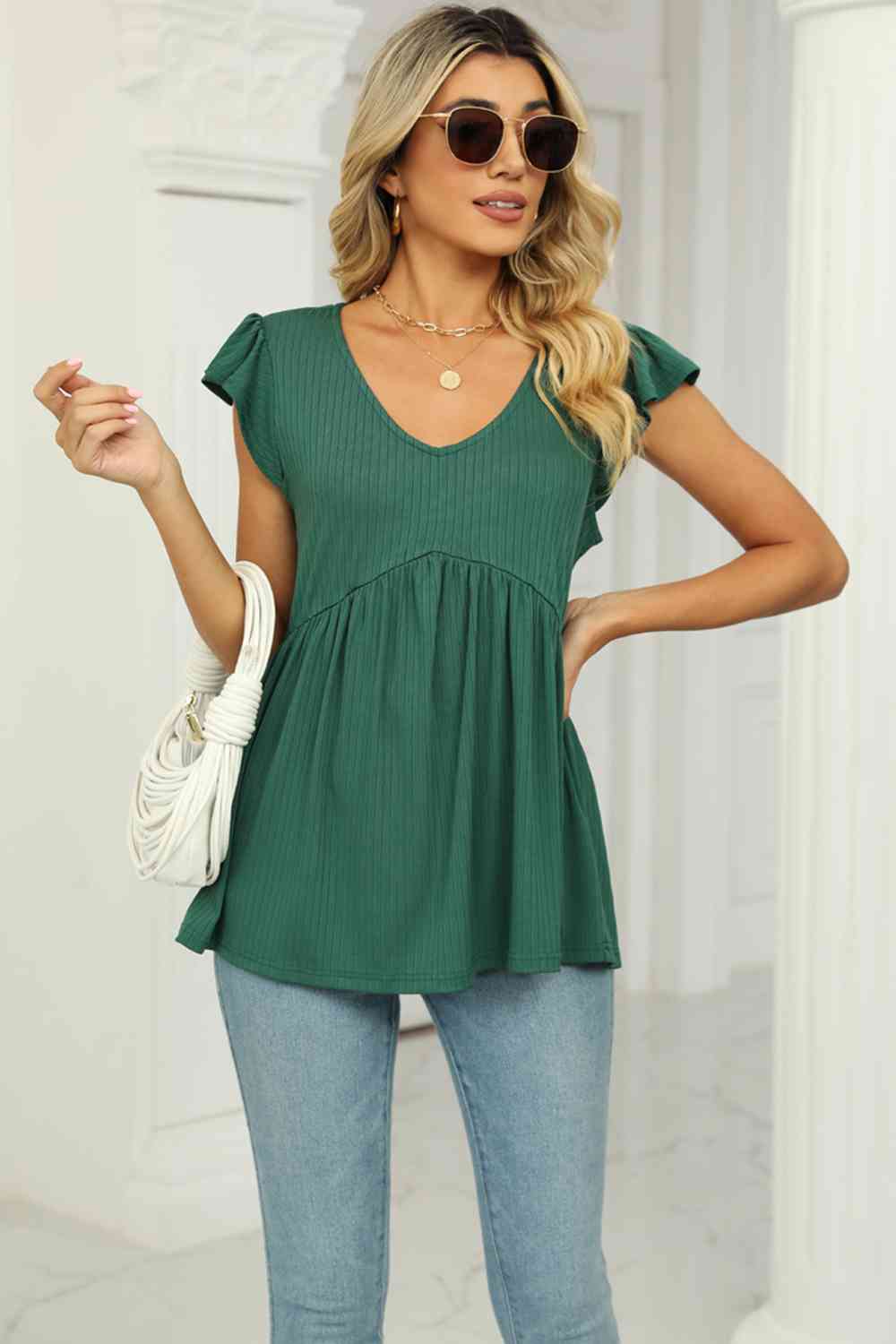 V-Neck Flutter Sleeve Babydoll Blouse - Create the impossible