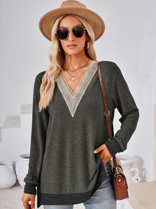 Crochet Contrast V-Neck Long Sleeve Slit T-Shirt