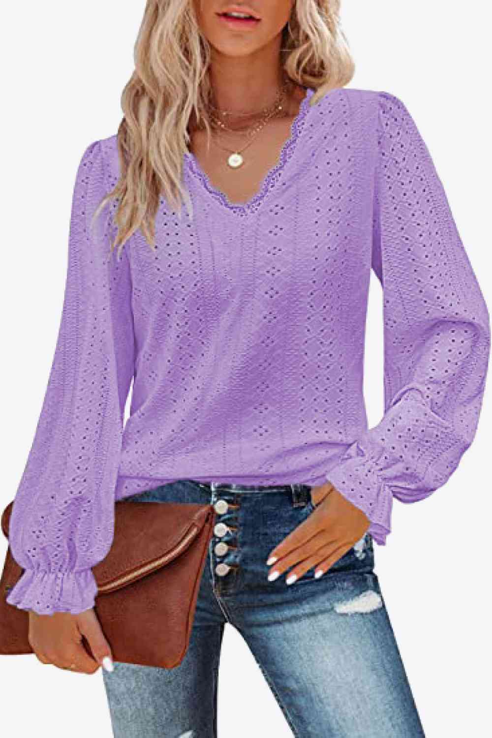 Eyelet V-Neck Flounce Sleeve Blouse - Create the impossible