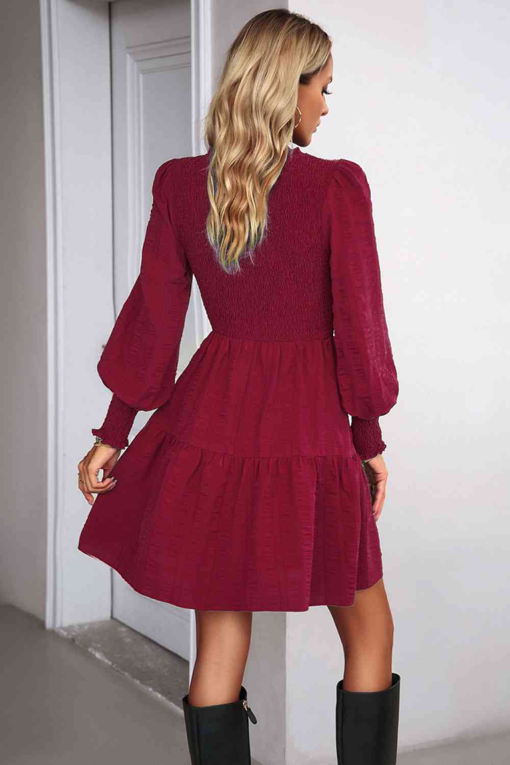 Smocked Lantern Sleeve Mini Dress