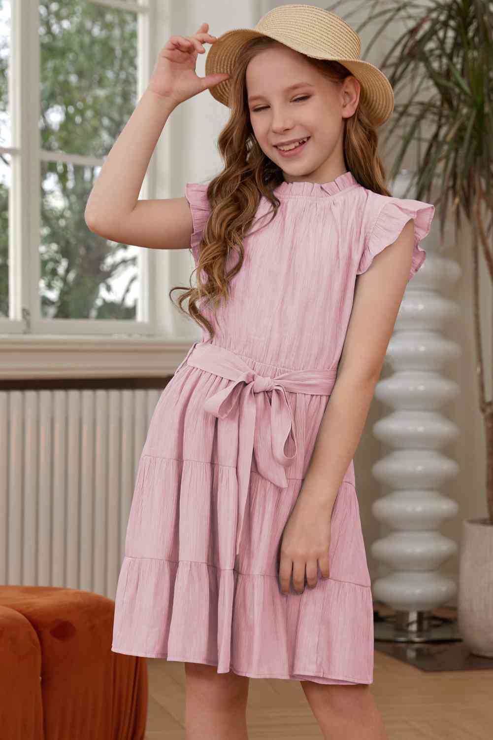 Frill Trim Tie Belt Tiered Dress