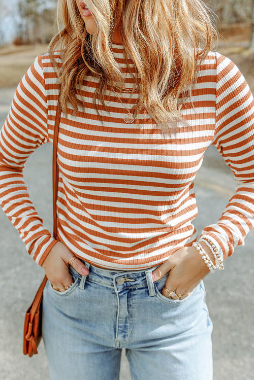 Double Take Striped Mock Neck Long Sleeve Top - Create the impossible