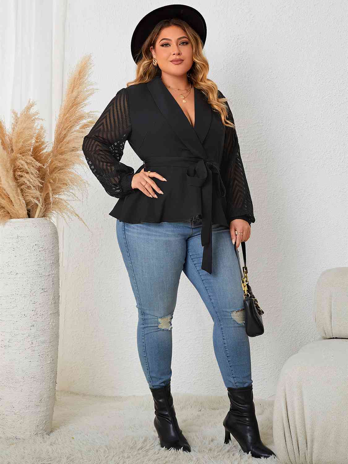 Plus Size Tie Waist Long Sleeve Blouse - Create the impossible