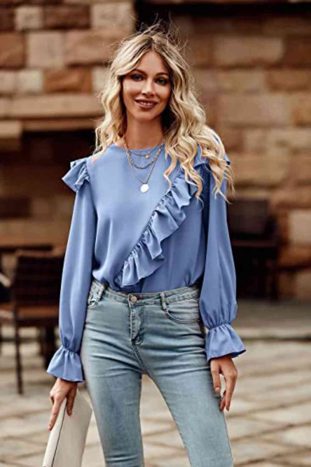 Ruffled Round Neck Long Sleeve Top - Create the impossible
