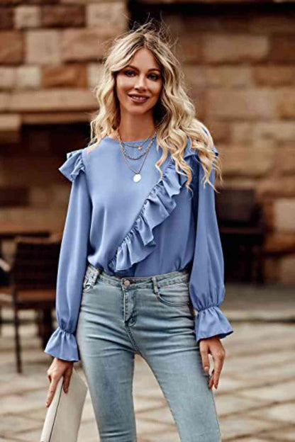 Ruffled Round Neck Long Sleeve Top - Create the impossible