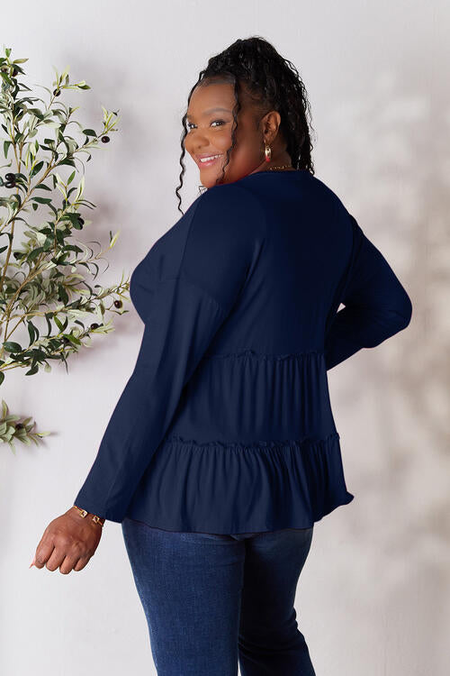 Double Take Half Button Long Sleeve Ruffle Hem Blouse - Create the impossible