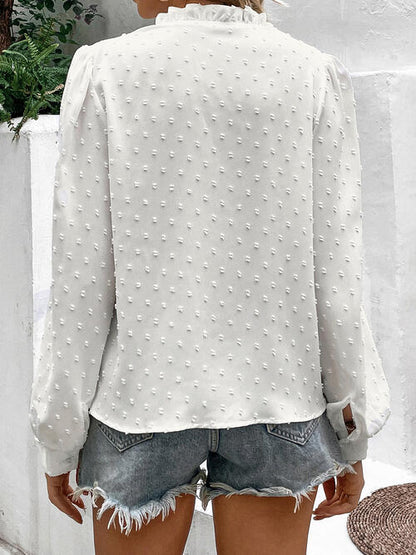 Double Take Swiss Dot Lace Trim Long Sleeve Shirt