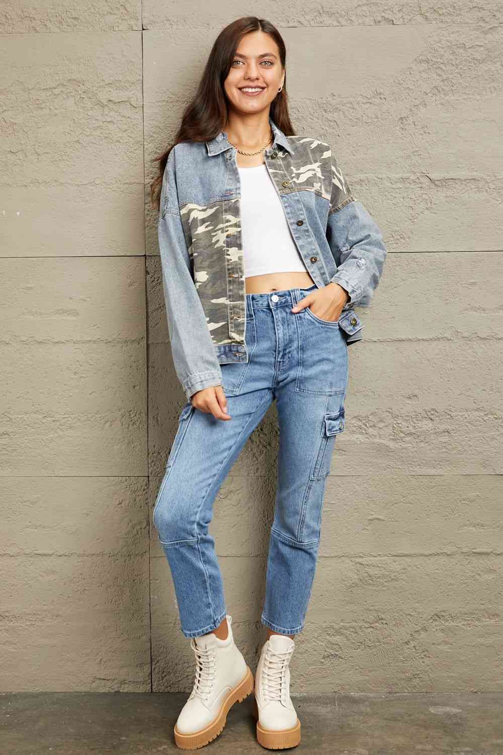 GeeGee Full Size Washed Denim Camo Contrast Jacket