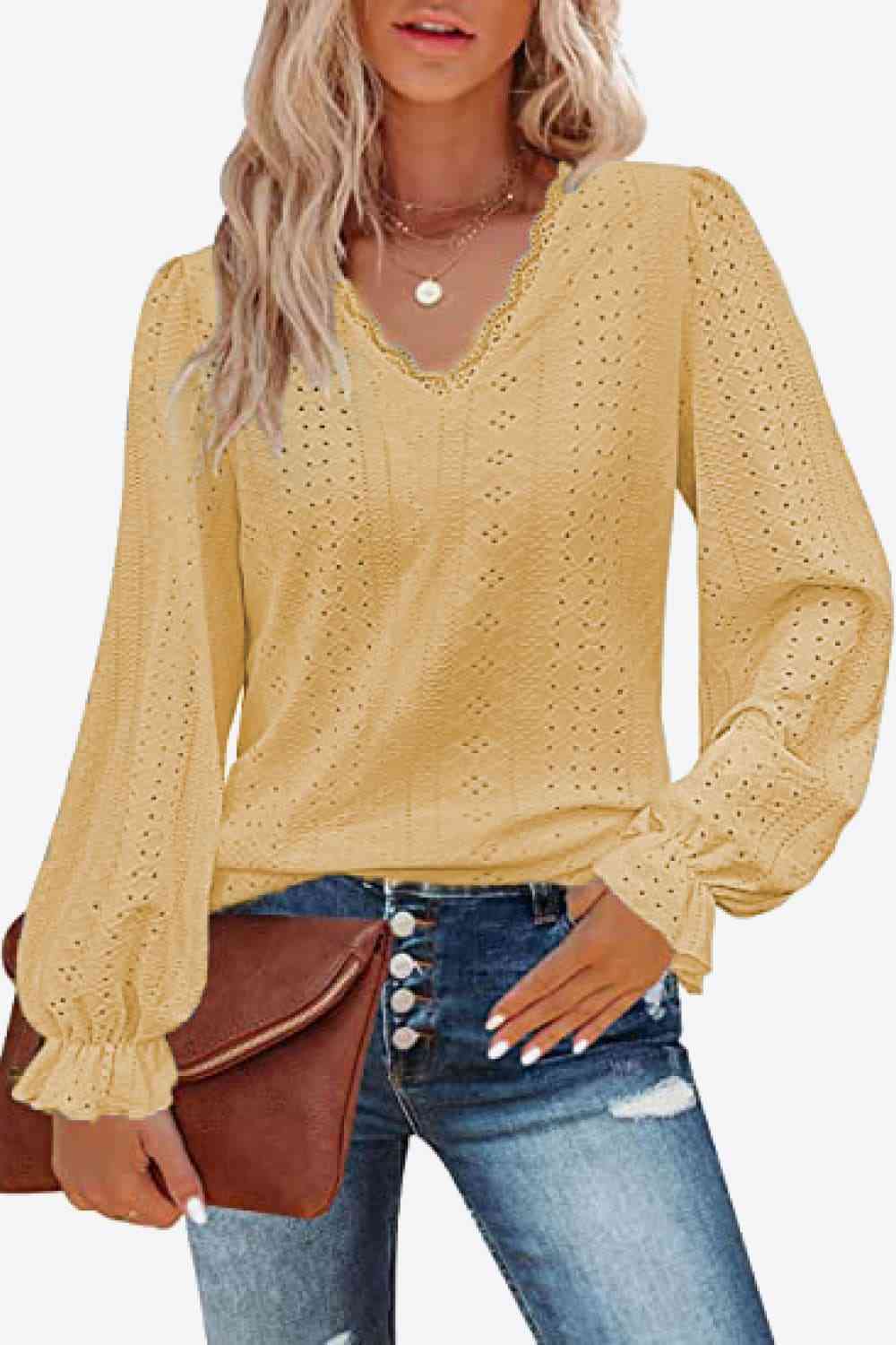 Eyelet V-Neck Flounce Sleeve Blouse - Create the impossible