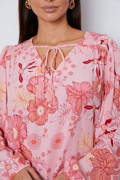 Floral Smocked Tassel Tie Balloon Sleeve Blouse - Create the impossible