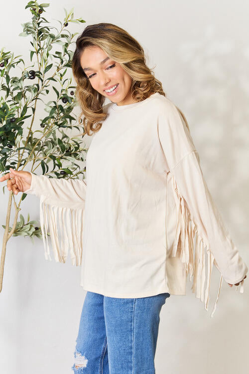 Celeste Full Size Fringe Detail Long Sleeve Blouse - Create the impossible