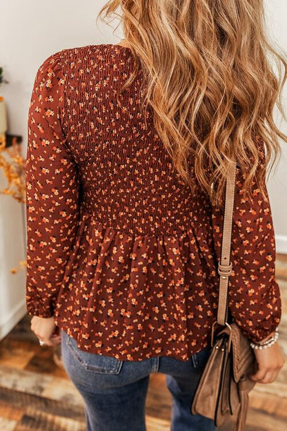 Floral Smocked Ruffle Hem Long Sleeve Blouse - Create the impossible