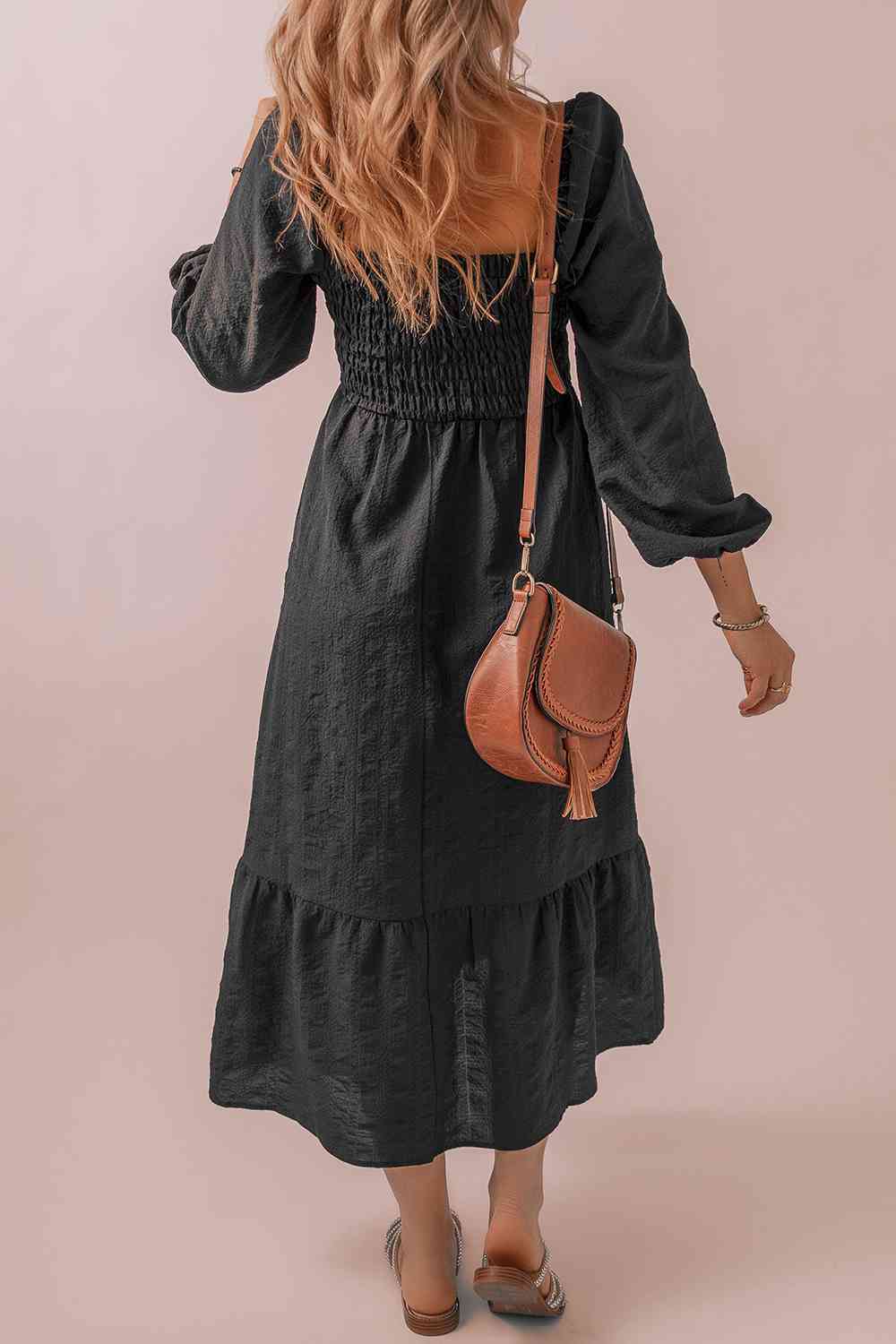 Square Neck Smocked Long Sleeve Dress