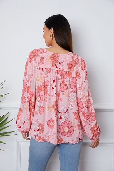 Floral Smocked Tassel Tie Balloon Sleeve Blouse - Create the impossible