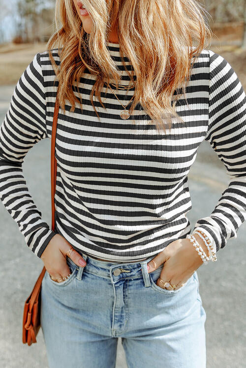 Double Take Striped Mock Neck Long Sleeve Top - Create the impossible